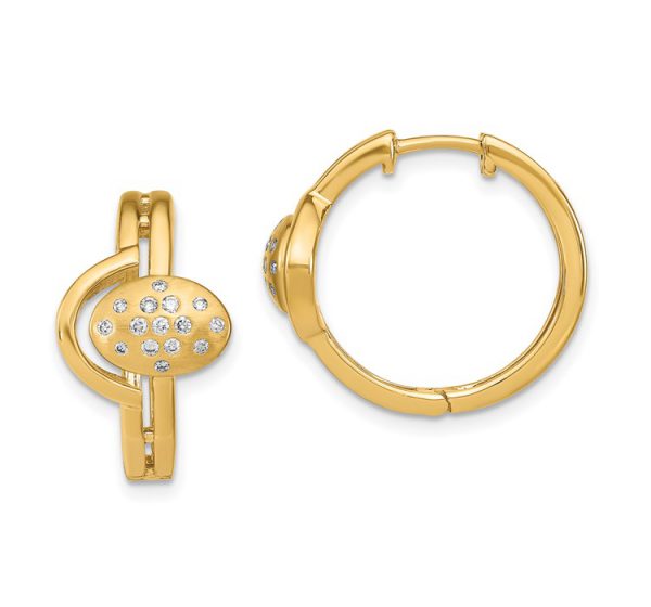 14k Satin/Polished Diamond Hinged Hoop Earrings