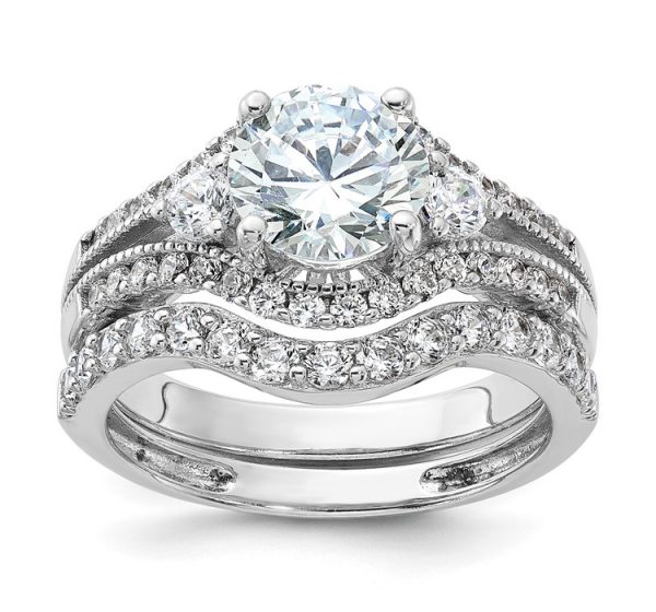 Sterling Silver Rhodium-plated CZ Engagement Ring and Band Set