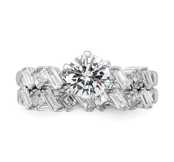 Sterling Silver Rhodium-plated 6-Prong CZ Engagement Ring and Band Set
