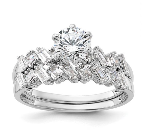 Sterling Silver Rhodium-plated 6-Prong CZ Engagement Ring and Band Set