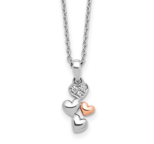 Sterling Silver RH Plated White Ice Dia. Heart Rose-tone with 2IN EXT Necklace
