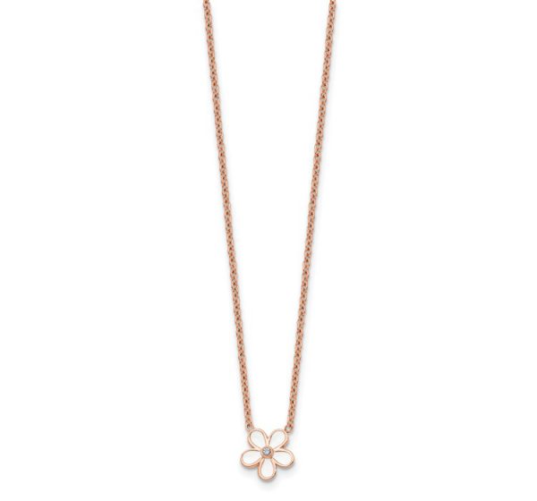 Stainless Steel Polished Rose IP-plated/Enameled Flower with CZ Necklace