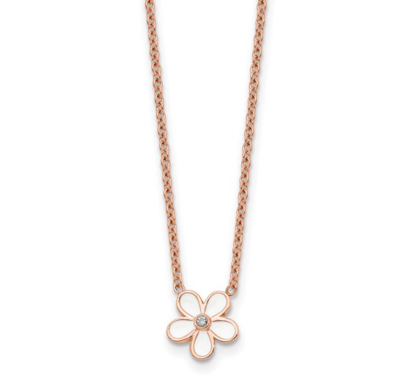 Stainless Steel Polished Rose IP-plated/Enameled Flower with CZ Necklace