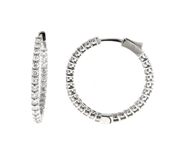 Herco 14K White Gold Diamond Round Hinged Hoop Earrings