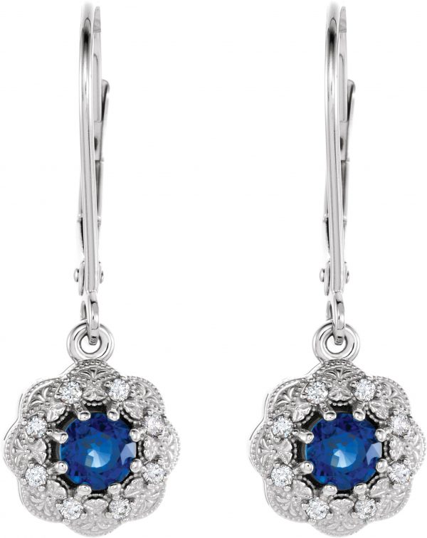 14K White Natural Blue Sapphire & 1/10 CTW Natural Diamond Halo-Style Earrings - 86245