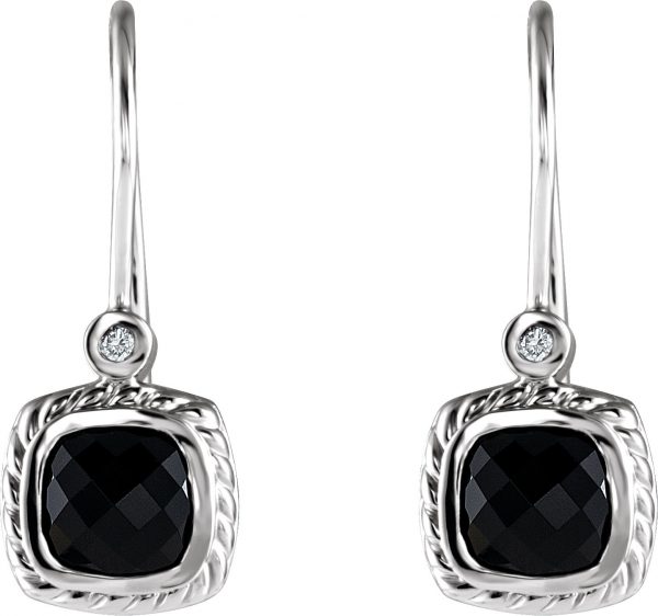 14K White Natural Black Onyx & .03 CT Natural Diamond Earrings - 65320