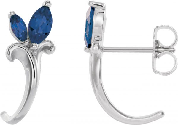 Platinum Natural Blue Sapphire Floral J-Hoop Earrings - 86815